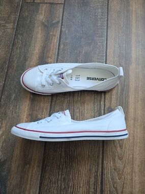 Converse White Low-Top Canvas Sneakers with Red & Navy Stripe